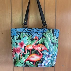 Large tropical hand-painted Anuschka tote bag purse made of genuine leather